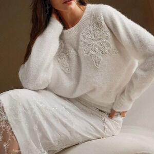 White Casual Women's Elegant Sequin Floral Round Neck Loose Sweater